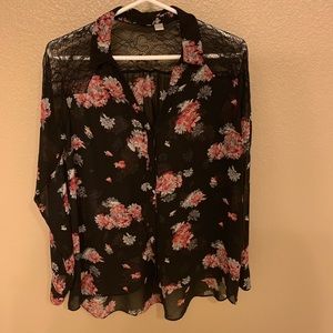 Candie’s long sleeve sheer blouse with lace detail